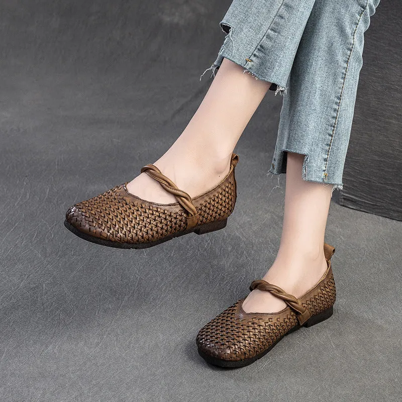 Women Retro Handmade Plaited Leather Casual Flats