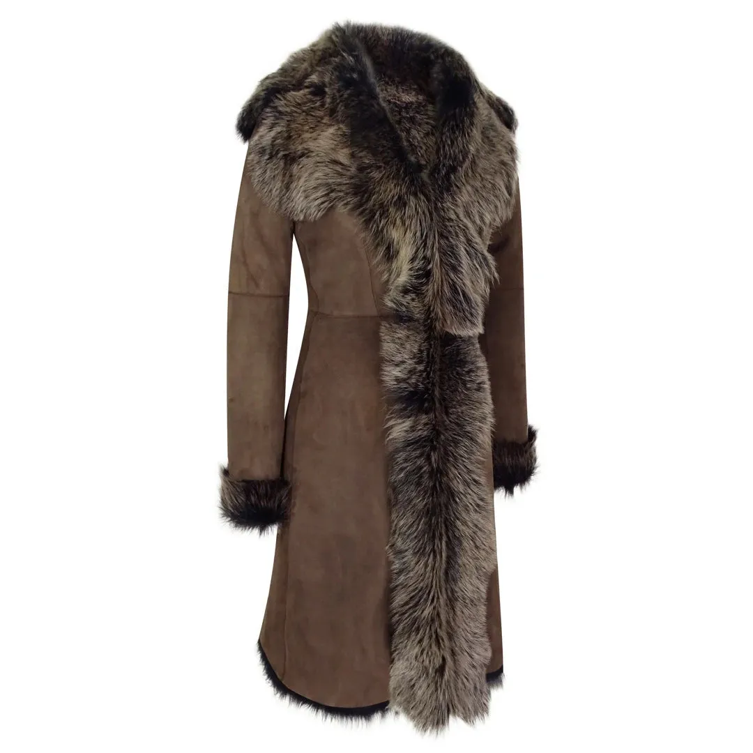 Women's Gold Brown 3/4 Length Warm Luxury Toscana Sheepskin Coat