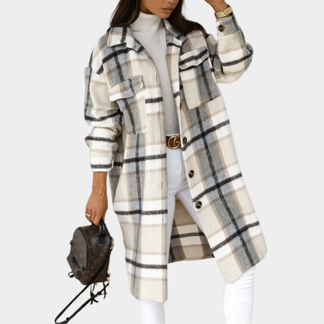 Women's Wool Blend Coat - Long Sleeve - Plaid Pattern - Mid-Length - Multiple Colours