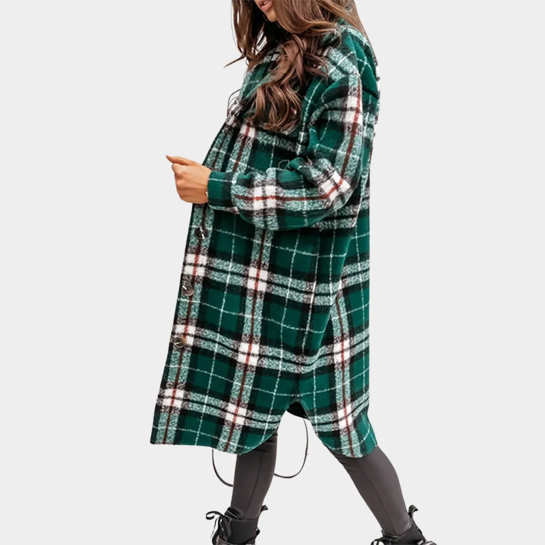 Women's Wool Blend Coat - Long Sleeve - Plaid Pattern - Mid-Length - Multiple Colours