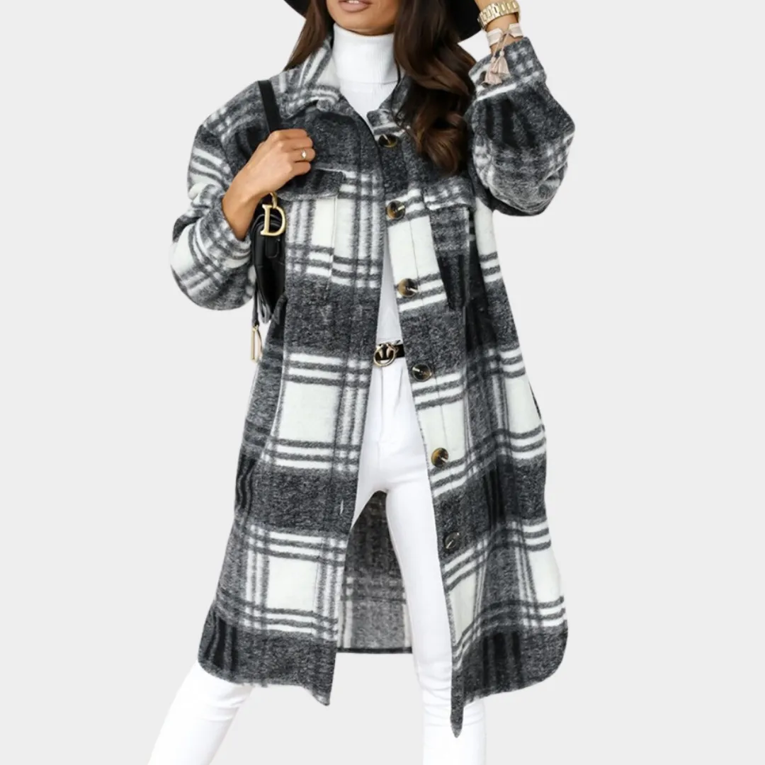 Women's Wool Blend Coat - Long Sleeve - Plaid Pattern - Mid-Length - Multiple Colours