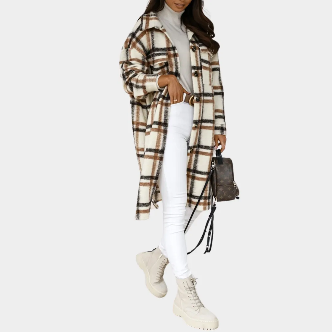 Women's Wool Blend Coat - Long Sleeve - Plaid Pattern - Mid-Length - Multiple Colours
