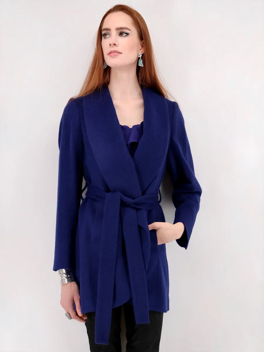 Wrap Coat with Shawl Collar in Alpaca Wool Blend - Blue