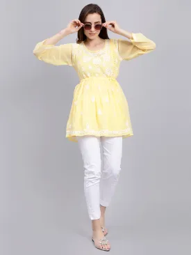 Yellow Georgette Angarkha Chikankari Tunic With Slip