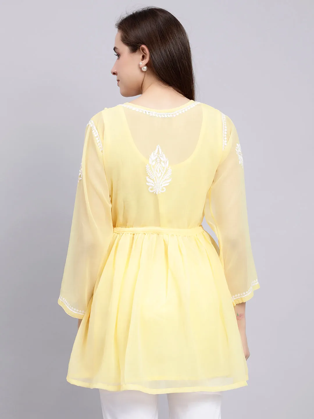Yellow Georgette Angarkha Chikankari Tunic With Slip